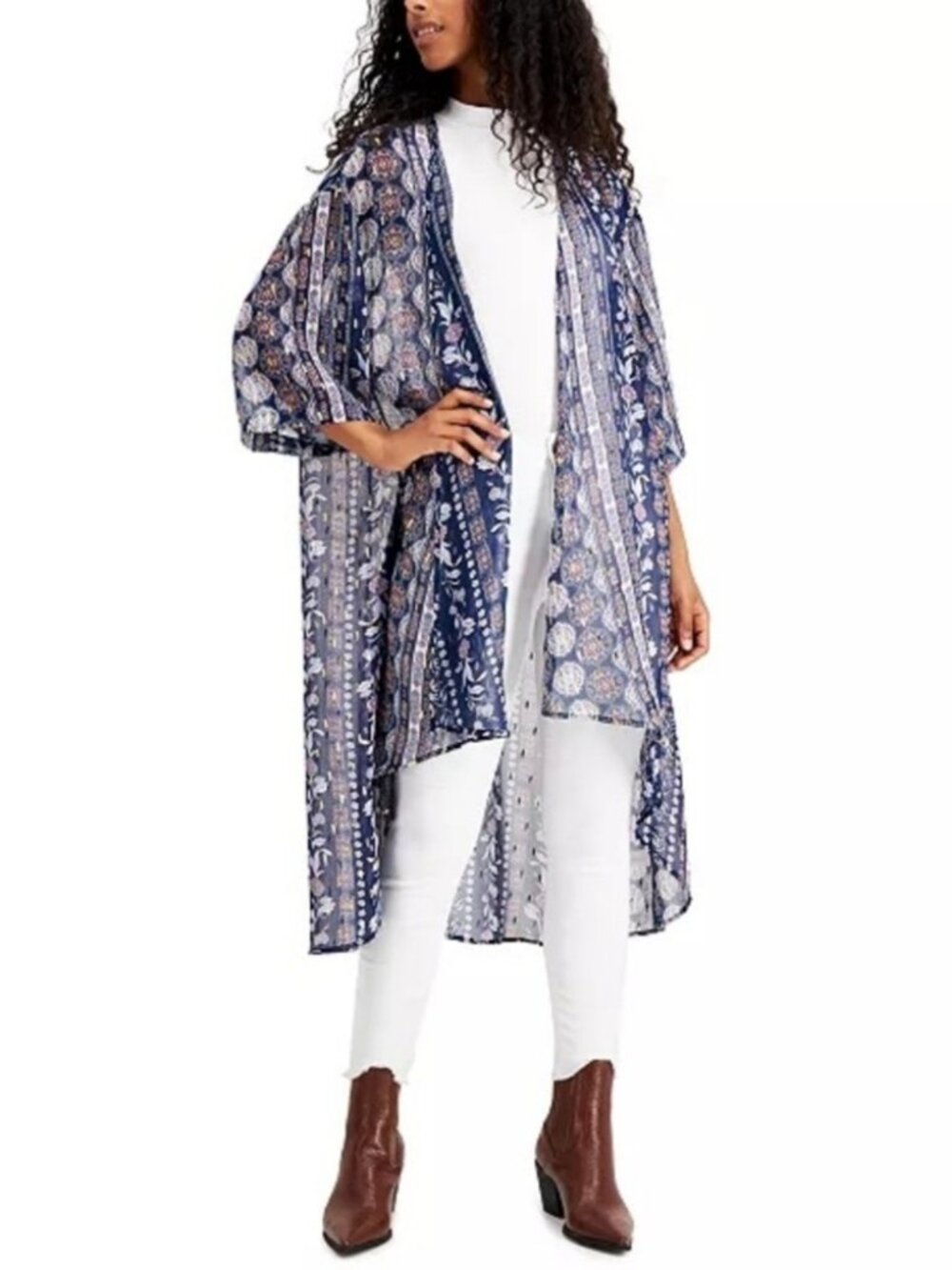 Gypsies & Moondust Blue Gold Metallic Floral Boho Kimono Duster Sz Small